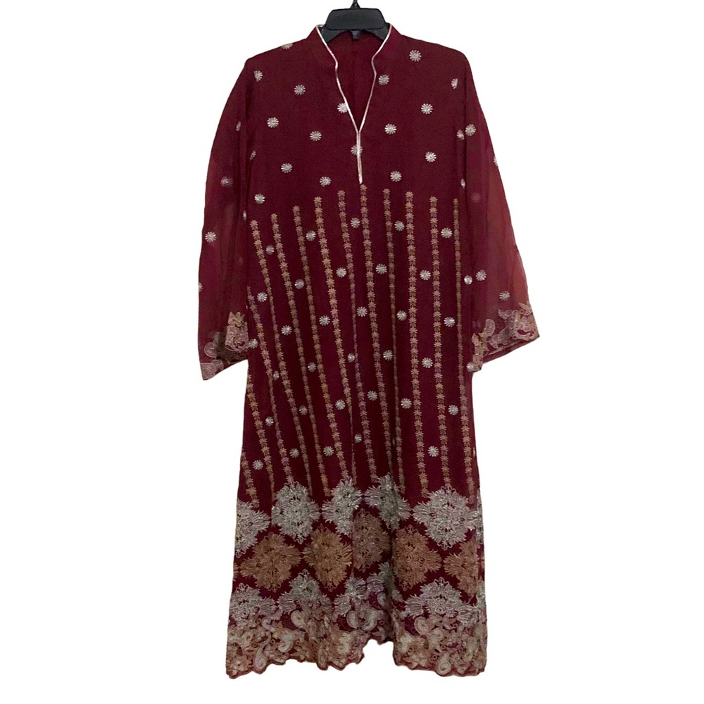 Traditional Indian Pakistani Dress Burgundy Silver Taupe Embroidery Size…